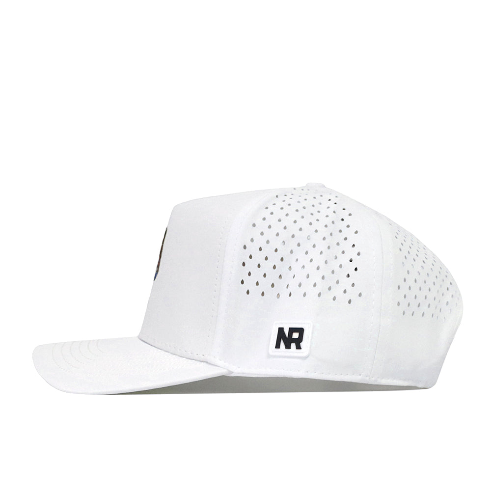Introducing the Boise State Football Hat - White by No Rivals: a high-quality cotton cap featuring small ventilation holes on the side and back panels. It is detailed with a black NR embroidered logo patch near the brim and includes a convenient snap back adjustment for a customizable fit.
