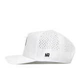 Introducing the Boise State Football Hat - White by No Rivals: a high-quality cotton cap featuring small ventilation holes on the side and back panels. It is detailed with a black NR embroidered logo patch near the brim and includes a convenient snap back adjustment for a customizable fit.