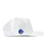 The No Rivals Boise State Football Hat in white features a high-quality cotton construction with perforated detailing and a blue embroidered bronco logo on the side. Shown from a side view against a plain white background, this cap also includes an adjustable snapback closure.