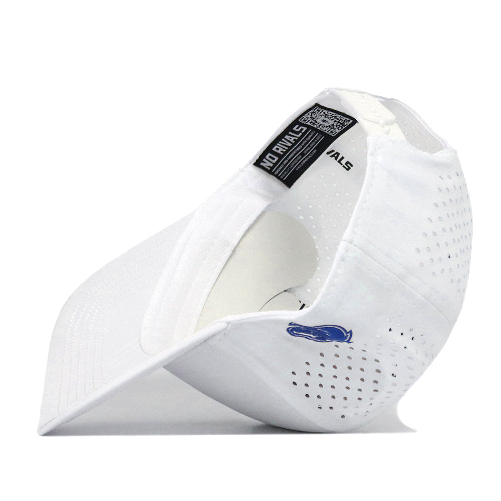 A white Boise State Football Hat by No Rivals, shown inside out to reveal its high-quality cotton construction, visible interior tags and stitching, perforations for breathability, a snap back adjustment, and a blue embroidered alligator logo on the brim.