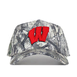 The No Rivals Wisconsin Badgers Outland Hat is a camouflage baseball cap with a large red embroidered W logo on the front and a snap back closure for an adjustable gameday fit, shown against a white background.