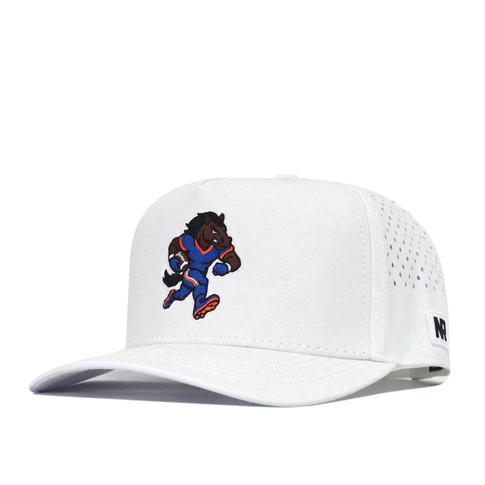 The Boise State Football Hat - White by No Rivals is crafted from high-quality cotton and features an embroidered cartoon bison playing football on the front, small side perforations for breathability, and a snap back adjustment for a comfortable fit.