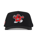 The No Rivals Western Kentucky Football Mascot Hat - Black is a performance fabric baseball cap featuring an embroidered red cartoon mascot holding a football with “WKU” on its chest, plus additional logo detailing on the side.