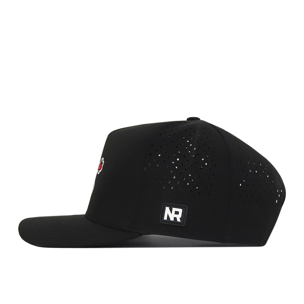 The Western Kentucky Football Mascot Hat - Black by No Rivals is shown from the side, featuring small perforations for ventilation and an embroidered logo patch near the back. Made with performance fabric, this hat also includes a convenient snap back closure for a comfortable fit.