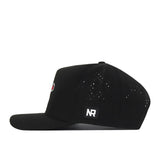 The Western Kentucky Football Mascot Hat - Black by No Rivals is shown from the side, featuring small perforations for ventilation and an embroidered logo patch near the back. Made with performance fabric, this hat also includes a convenient snap back closure for a comfortable fit.