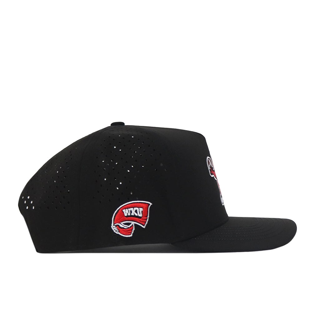 Side view of the No Rivals Western Kentucky Football Mascot Hat in black, crafted from performance fabric with ventilation holes and a flat brim. The side features a red and white embroidered WKU logo, all set against a white background.