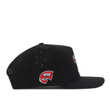 Side view of the No Rivals Western Kentucky Football Mascot Hat in black, crafted from performance fabric with ventilation holes and a flat brim. The side features a red and white embroidered WKU logo, all set against a white background.