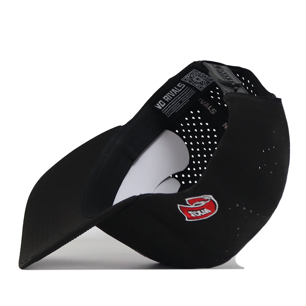The No Rivals Western Kentucky Football Mascot Hat in black features a red and white embroidered logo on the back, is made from performance fabric, and is pictured at an angle highlighting the underside, snapback closure, and perforated side panels.