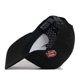 The No Rivals Western Kentucky Football Mascot Hat in black features a red and white embroidered logo on the back, is made from performance fabric, and is pictured at an angle highlighting the underside, snapback closure, and perforated side panels.