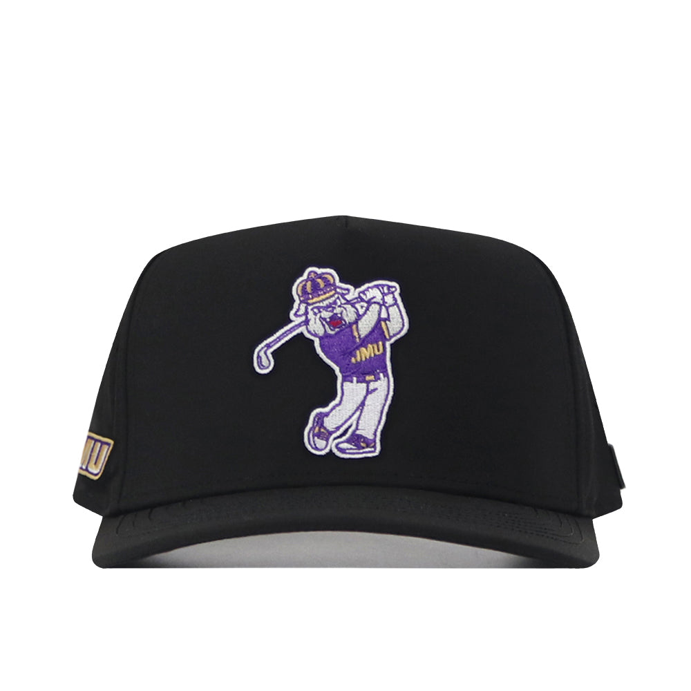 Introducing the JMU Dukes Golf Hat - Black by No Rivals, a stylish black baseball cap adorned with an embroidered mascot swinging a golf club and sporting a JMU shirt. It features a small JMU patch on the left side of the brim and is designed with a Snap Back Adjustment for an ideal Gameday Fit. Show off your school spirit in style with this expertly embroidered logo cap.
