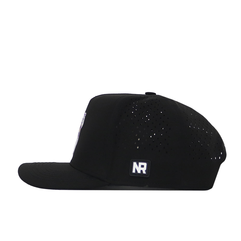 JMU Dukes Golf Hat - Black by No Rivals, a flat-brim baseball cap with ventilation holes and an embroidered NR logo patch on the side, features a classic snap back adjustment for the perfect Gameday Fit, shown in profile against a white background.