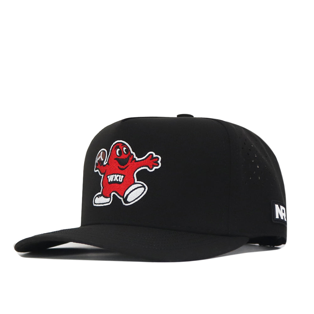 The Western Kentucky Football Mascot Hat - Black by No Rivals is a black snapback baseball cap featuring a red cartoon mascot holding a football with “WKU” on its chest and an embroidered NFA logo patch on the side.