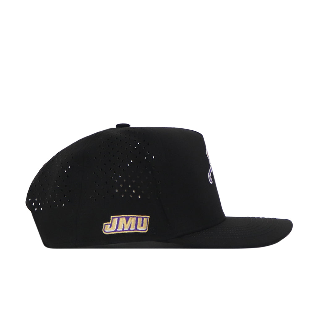 Introducing the JMU Dukes Golf Hat - Black by No Rivals. This stylish black hat features a flat brim, subtle ventilation eyelets, and an embroidered JMU logo in signature purple and gold on the side. Designed with a snapback closure for easy adjustment, it’s perfect for your gameday outfit and ensures all-day comfort and secure fit.