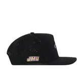 Introducing the JMU Dukes Golf Hat - Black by No Rivals. This stylish black hat features a flat brim, subtle ventilation eyelets, and an embroidered JMU logo in signature purple and gold on the side. Designed with a snapback closure for easy adjustment, it’s perfect for your gameday outfit and ensures all-day comfort and secure fit.