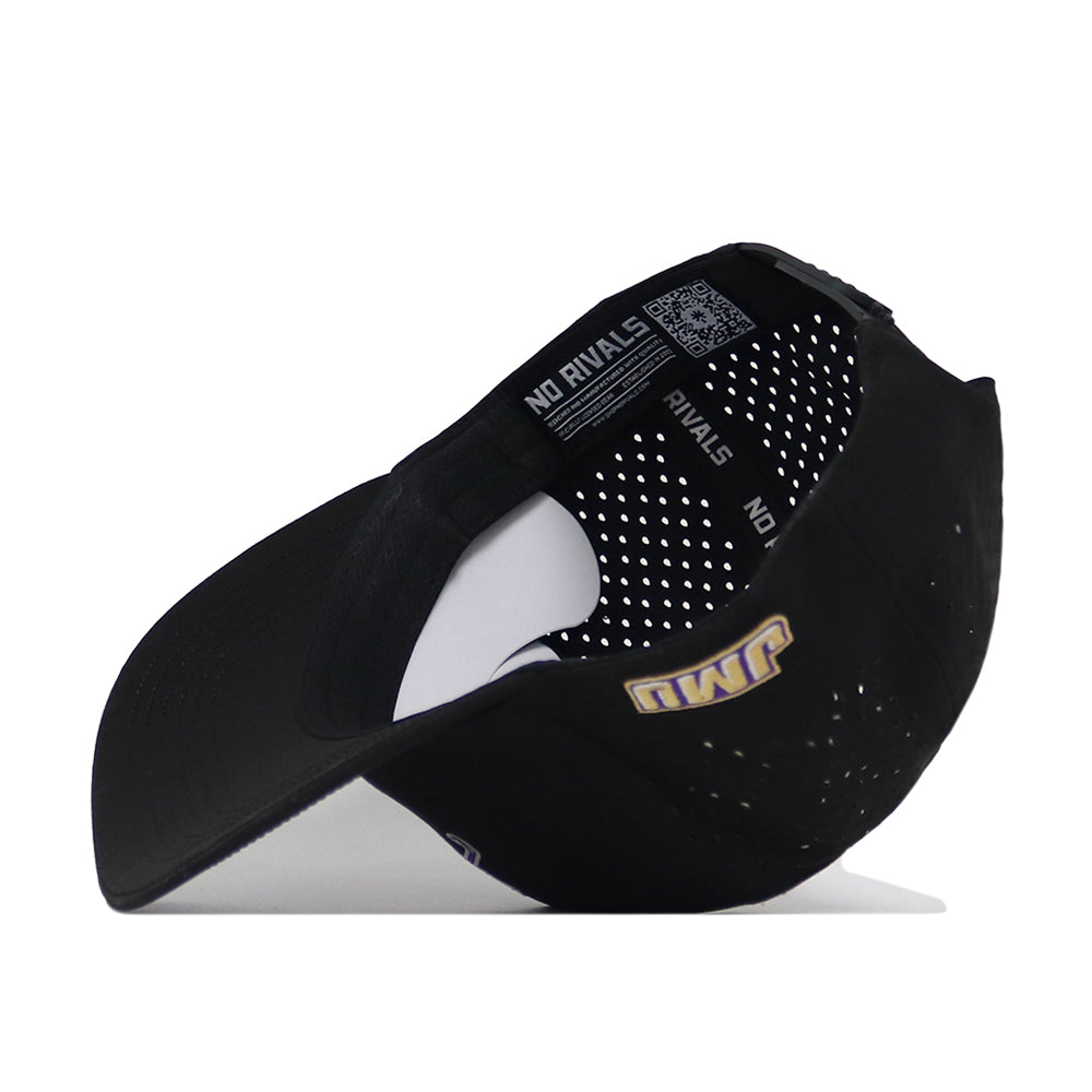 JMU Dukes Golf Hat - Black by No Rivals is shown turned inside out, highlighting its perforated inner lining and the NO RIVALS branding on the inner band. A glimpse of the gold and purple embroidered JMU Dukes logo appears on the exterior, while an adjustable snap back delivers a perfect gameday fit.