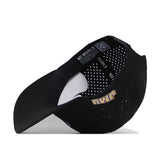 JMU Dukes Golf Hat - Black by No Rivals is shown turned inside out, highlighting its perforated inner lining and the NO RIVALS branding on the inner band. A glimpse of the gold and purple embroidered JMU Dukes logo appears on the exterior, while an adjustable snap back delivers a perfect gameday fit.