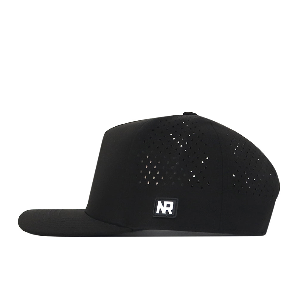 Introducing the Colorado Football Hat - Black by No Rivals: a sleek flat-brimmed snapback featuring subtle ventilation holes and an embroidered NR logo on the side, displayed in side profile against a white background—ideal for taking your gameday outfit to the next level.