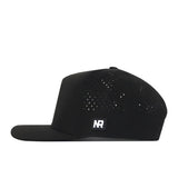 Introducing the Colorado Football Hat - Black by No Rivals: a sleek flat-brimmed snapback featuring subtle ventilation holes and an embroidered NR logo on the side, displayed in side profile against a white background—ideal for taking your gameday outfit to the next level.