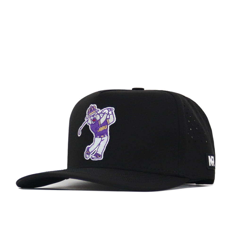 The JMU Dukes Golf Hat - Black by No Rivals features a flat-bill design with a side logo patch and an embroidered cartoon of a purple and yellow golfer swinging a club on the front. With its snap back adjustment, this cap ensures the perfect Gameday Fit, offering both style and comfort for any occasion.