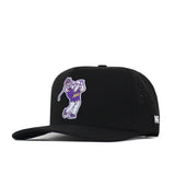 The JMU Dukes Golf Hat - Black by No Rivals features a flat-bill design with a side logo patch and an embroidered cartoon of a purple and yellow golfer swinging a club on the front. With its snap back adjustment, this cap ensures the perfect Gameday Fit, offering both style and comfort for any occasion.