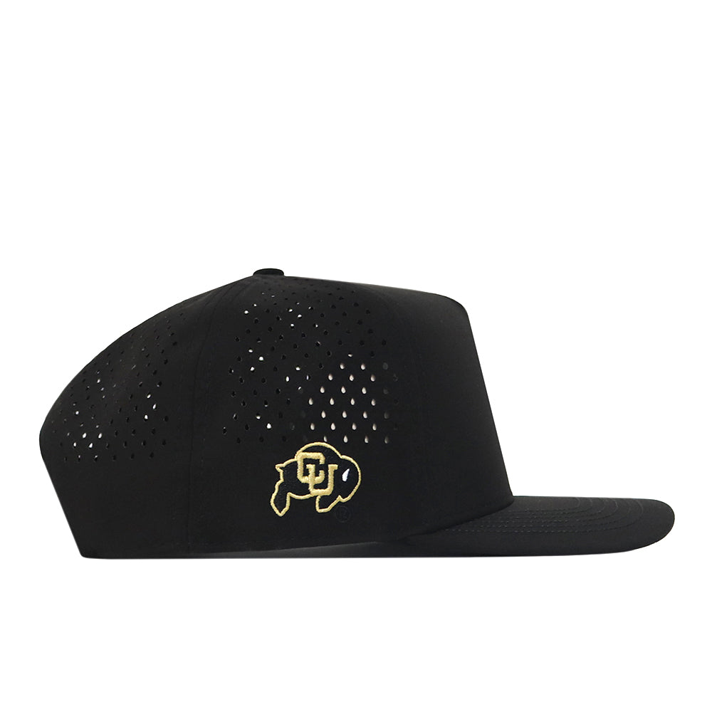 No Rivals Colorado Football Hat - Black flat-brim snapback with ventilation holes, featuring an officially licensed gold embroidered Colorado Buffaloes logo with a stylized buffalo and CU initials on the side.