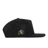 No Rivals Colorado Football Hat - Black flat-brim snapback with ventilation holes, featuring an officially licensed gold embroidered Colorado Buffaloes logo with a stylized buffalo and CU initials on the side.