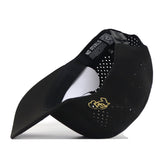 A black Colorado Football Hat by No Rivals, flipped upside down to display its perforated snapback, curved brim, and a gold embroidered logo on the side—an essential accessory for your gameday fit.