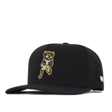 The Colorado Football Hat - Black by No Rivals showcases an officially licensed, embroidered cartoon bear running with a football and wearing a brown jersey and helmet. A small white embroidered logo patch on the side adds a stylish touch to this playful snapback hat.