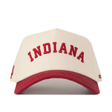 The Right Side Up Indiana Hat - Classic Colors by No Rivals features a cream-colored crown with a bold red brim and showcases an embroidered INDIANA logo in vivid red lettering across the front. Designed for the ideal gameday fit, this hat is equipped with an adjustable snapback closure for personalized comfort.