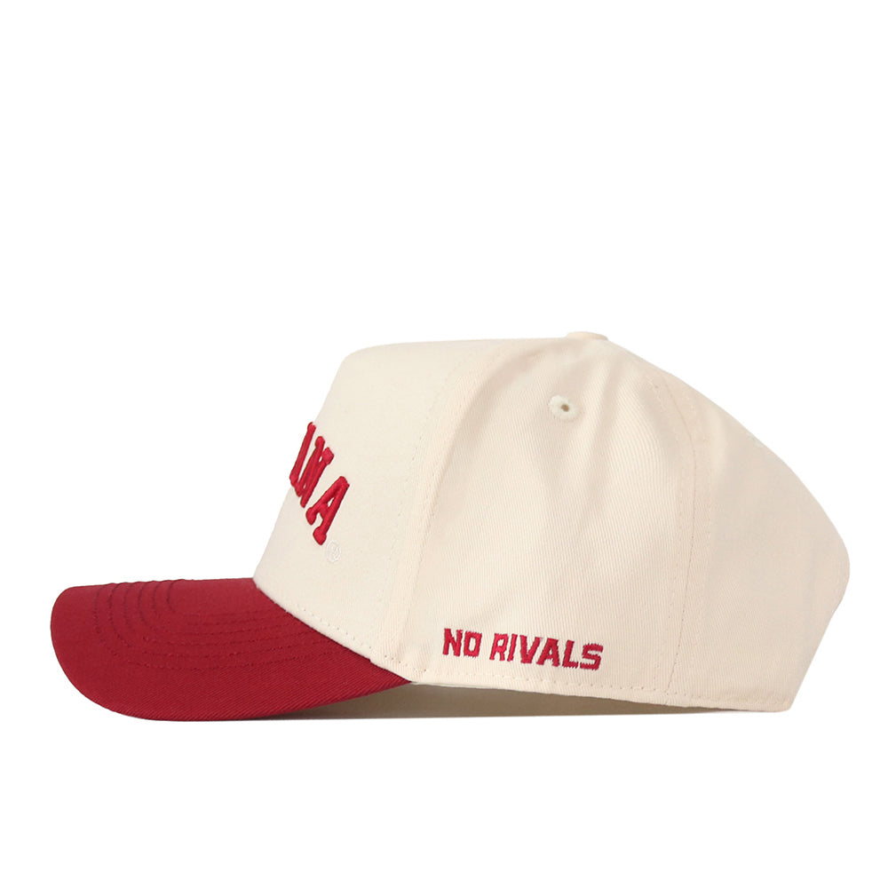 The Right Side Up Indiana Hat - Classic Colors by No Rivals features a cream-colored design with a bold red brim. “NO RIVALS” is embroidered in red on the left side above the brim, accompanied by an embroidered logo for extra style. With its adjustable snap back closure, this hat offers a perfect fit—making it your ideal go-to for gameday.