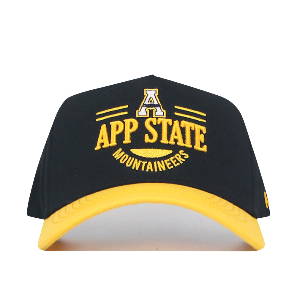 The No Rivals App State Tailgate Hat - 2 is a black and yellow snapback featuring “App State Mountaineers” and a large A embroidered on the front—perfect for your next gameday look.