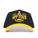 The No Rivals App State Tailgate Hat - 2 is a black and yellow snapback featuring “App State Mountaineers” and a large A embroidered on the front—perfect for your next gameday look.