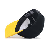 The App State Tailgate Hat - 2 by No Rivals features a black and yellow snapback design with a yellow curved brim, black fabric, white padding, embroidered logos, and “NO RIVALS” printed on the inner band—perfect for your gameday fit.
