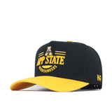 The No Rivals App State Tailgate Hat - 2 features black and yellow colors, a yellow brim, embroidered APP STATE Mountaineers with an A on the front, logo details including the NF logo—ideal for your gameday look.