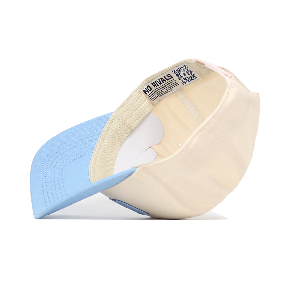 The GTHD Hat by No Rivals is a two-tone snapback with a light blue brim and cream crown, shown from below to highlight its inner band, stitching, and an official No Rivals label.