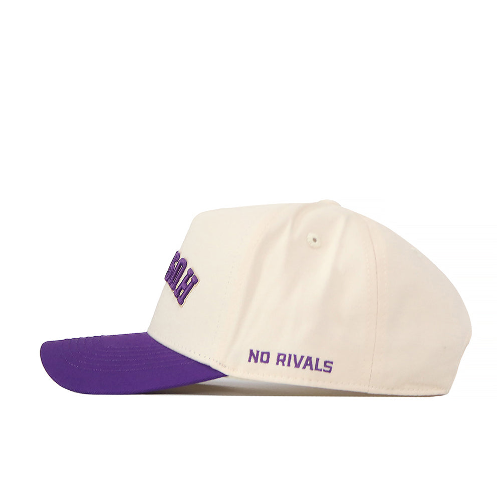 Show off your team spirit with the Washington Huskies Upside Down Huskies Hat - Classic from No Rivals. This white snapback baseball cap features a bold purple brim, and “NO RIVALS” is embroidered in purple on the side above the brim, making it a standout accessory for any Washington Huskies fan.