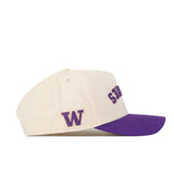 Show your Huskies pride in classic style with the Washington Huskies Upside Down Huskies Hat - Classic by No Rivals. This cream baseball cap features a bold purple brim, a purple “W” on the side, and partially visible purple text on the front for standout school spirit. Its comfortable snapback design provides an adjustable fit for all-day comfort.