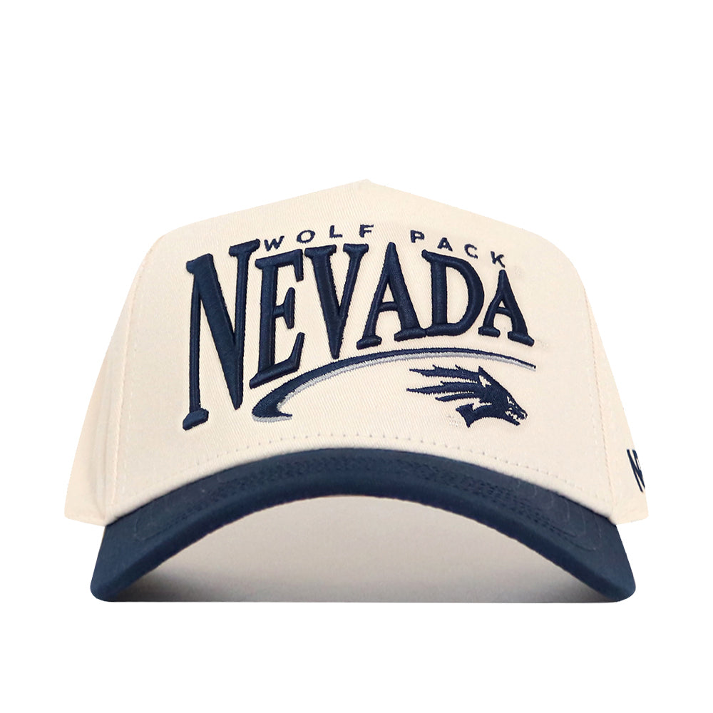 Introducing the Nevada Wolf Pack Stride Hat by No Rivals—a white and navy snapback featuring high-quality cotton construction, embroidered “Wolf Pack Nevada” text, and a wolf logo on the front panel.