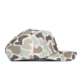Side view of the Georgia Bulldogs Huntsman Hat by No Rivals, showcasing a camouflage pattern in shades of green, brown, and beige. Crafted from high-quality cotton, this structured fit cap features a flat brim and a round crown with a button on top.