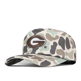 The No Rivals Georgia Bulldogs Huntsman Hat is a camouflage-patterned baseball cap crafted from high quality cotton. Featuring a large G logo on the front and a curved brim, this structured fit cap set against a white background delivers both comfort and style for everyday wear.
