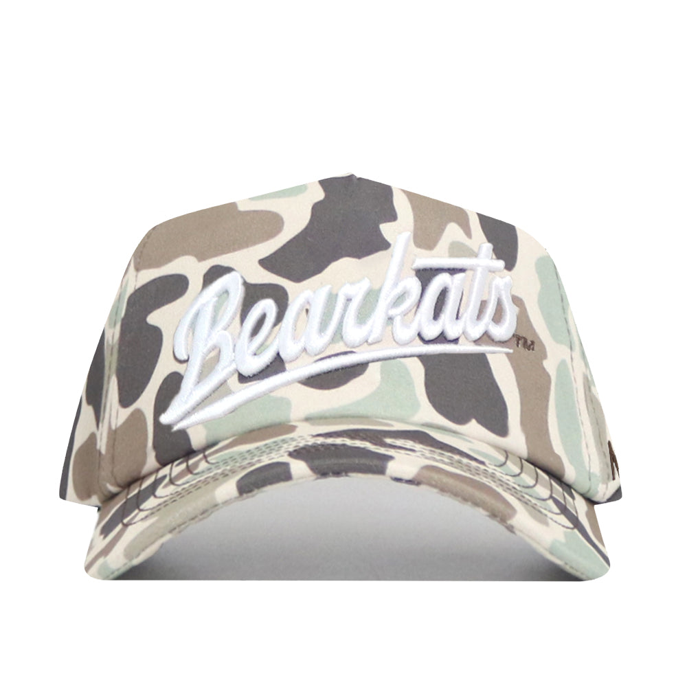 The No Rivals Sam Houston State Huntsman Hat is a camouflage baseball cap made from high-quality cotton, featuring “Bearkats” embroidered in white script on the front and finished with a classic snapback for adjustable comfort and style.