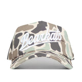 The No Rivals Sam Houston State Huntsman Hat is a camouflage baseball cap made from high-quality cotton, featuring “Bearkats” embroidered in white script on the front and finished with a classic snapback for adjustable comfort and style.
