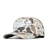 The No Rivals Sam Houston State Huntsman Hat is a camouflage-print snapback made from high-quality cotton, featuring “Bearkats” embroidered in standout white script across the front.
