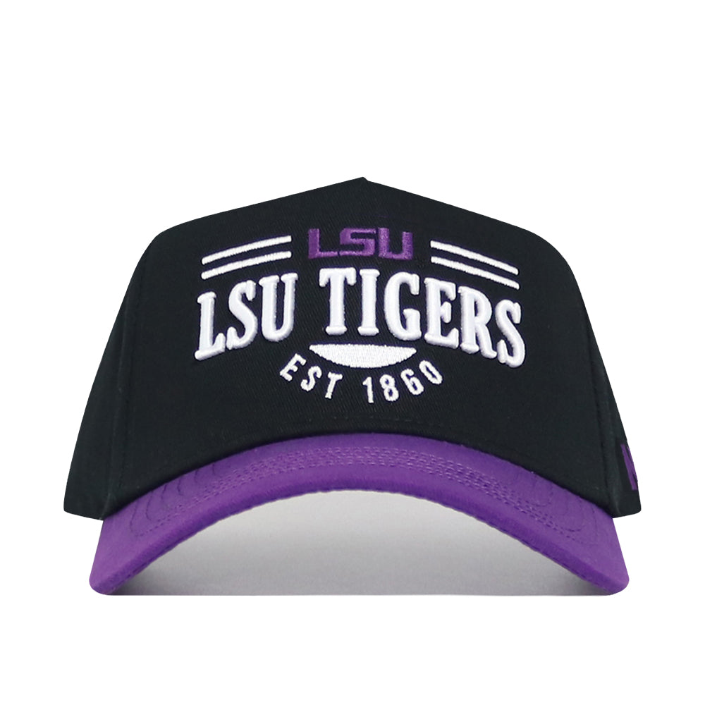 The No Rivals LSU Tailgate Hat is a high-quality cotton black baseball cap with a purple brim, featuring white "LSU Tigers" and "Est 1860" embroidery, purple "LSU," and a classic snapback closure for a structured fit.