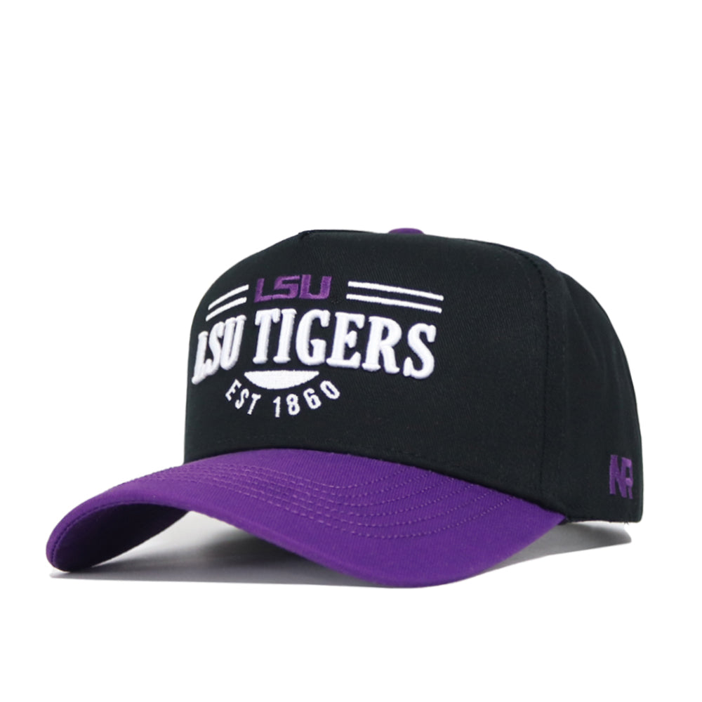 The No Rivals LSU Tailgate Hat is a black and purple snapback featuring "LSU TIGERS EST 1860" embroidered on the front. Made of quality cotton, it offers a structured fit for comfort and shows your Louisiana State University pride.