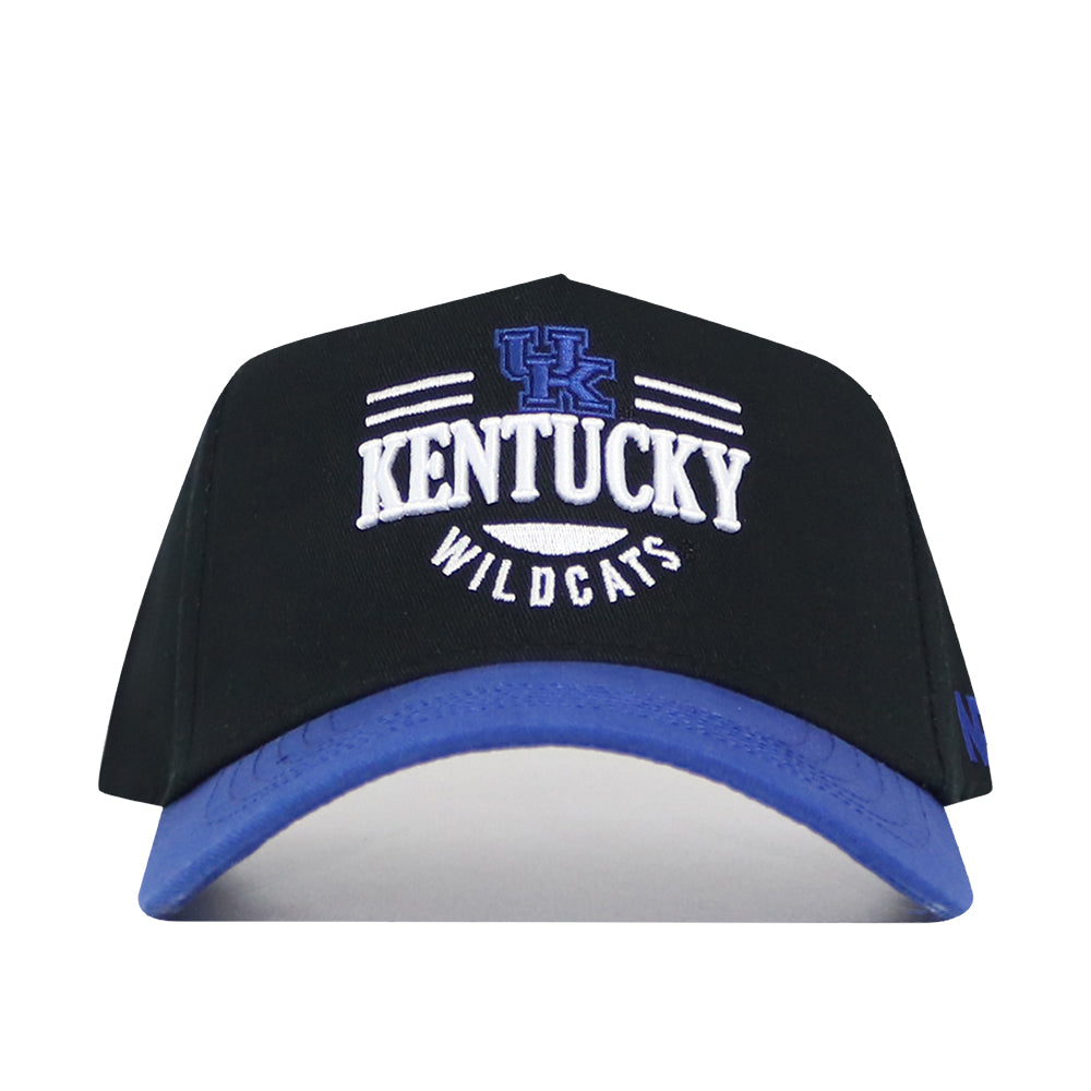 The No Rivals Kentucky Tailgate Hat is a black snapback with a blue brim, featuring an embroidered blue UK logo and "Kentucky Wildcats" on the front. Made from high-quality cotton for a structured fit.