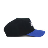 The No Rivals Kentucky Tailgate Hat is a black snapback with a blue brim, shown side-on against a white background. Partially visible white embroidery decorates the front. Enjoy its structured fit for both style and comfort.