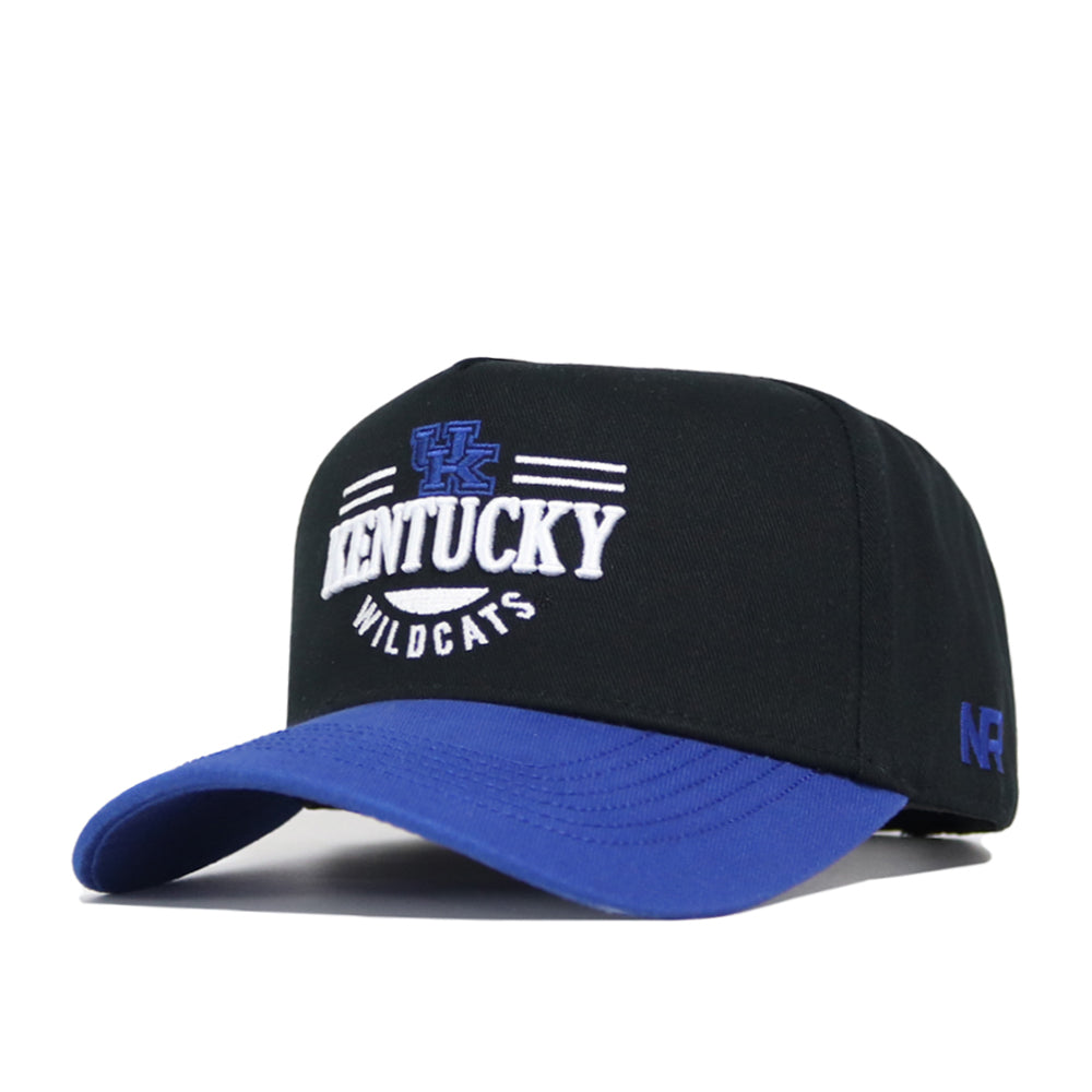 The Kentucky Tailgate Hat by No Rivals is a structured black cotton cap with a blue curved brim, "Kentucky Wildcats" and a UK logo embroidered in white and blue on the front, plus "NF" stitched in blue on the side.