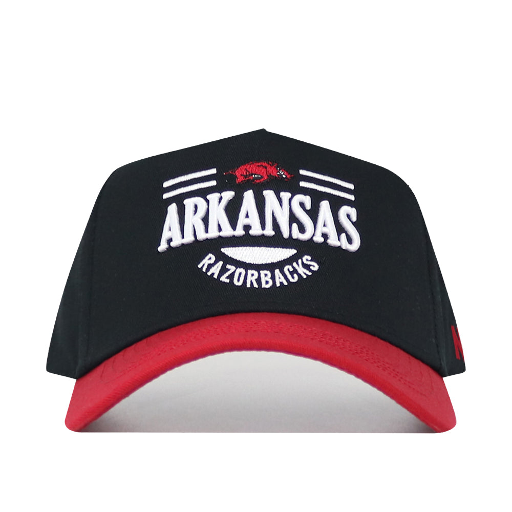 The No Rivals Arkansas Tailgate Hat is a black cotton baseball cap with a red brim, bold white ARKANSAS lettering, RAZORBACKS below, and a small red razorback logo, offering a structured fit for lasting comfort.