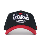 The No Rivals Arkansas Tailgate Hat is a black cotton baseball cap with a red brim, bold white ARKANSAS lettering, RAZORBACKS below, and a small red razorback logo, offering a structured fit for lasting comfort.